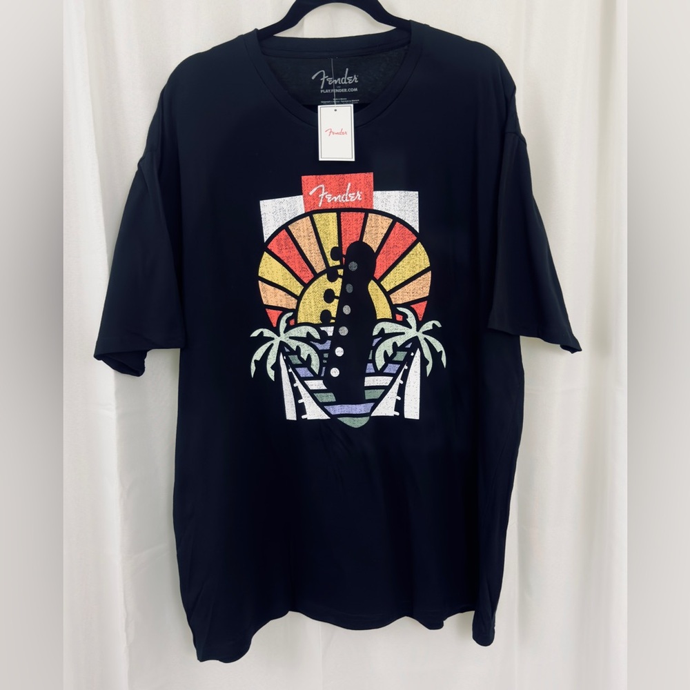 Fender Black&Red Short Sleeve Tee with Retro Palm Tree & Guitar Graphic 2XL NAwT - Picture 2 of 8